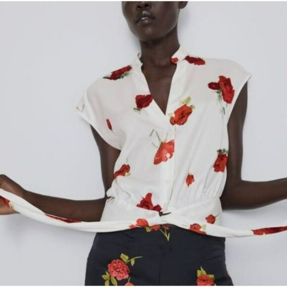 Zara Beige‎ Rose Print Knot Tie Sleeveless Shirt Blouse Size XS - Picture 2 of 13